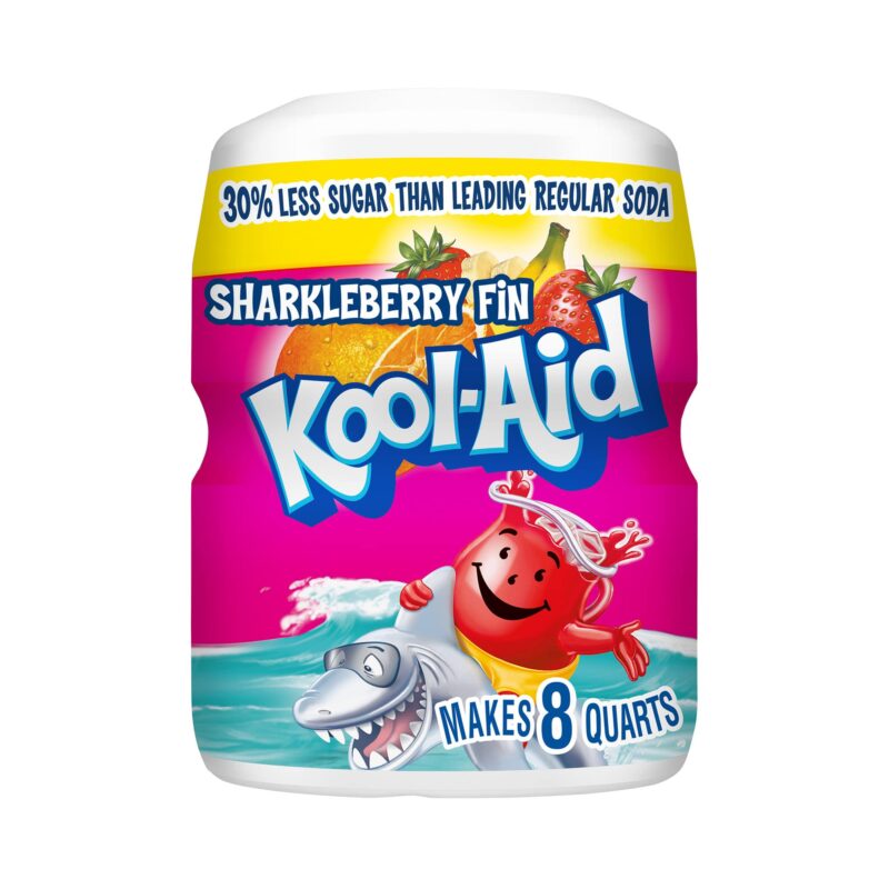 Front of Kool Aid Sharkleberry Fin Drink Mix Tub showing vibrant design with logo, fruity imagery, and details of making 8 quarts (538g tub)