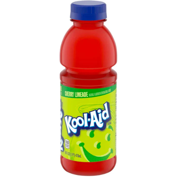 Front of Kool-Aid Ready to Drink Cherry Limeade bottle showing bright green label, logo, and vibrant red beverage (473ml)
