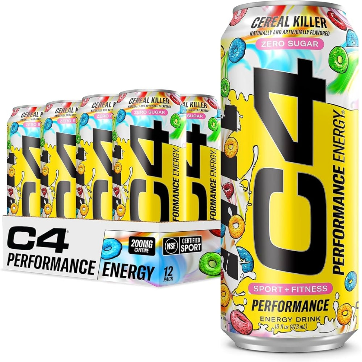 Front of C4 Zero Sugar Cereal Killer Energy Drink case showing colourful logo, vibrant cereal graphics, and 12 pack of 473ml cans