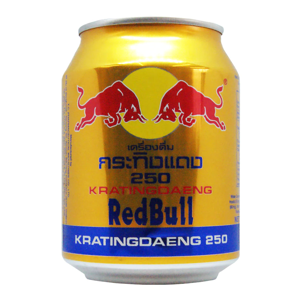 Front of Kratingdaeng Red Bull Energy Drink can showing vibrant gold and blue design with the product name and pack size (250ml)