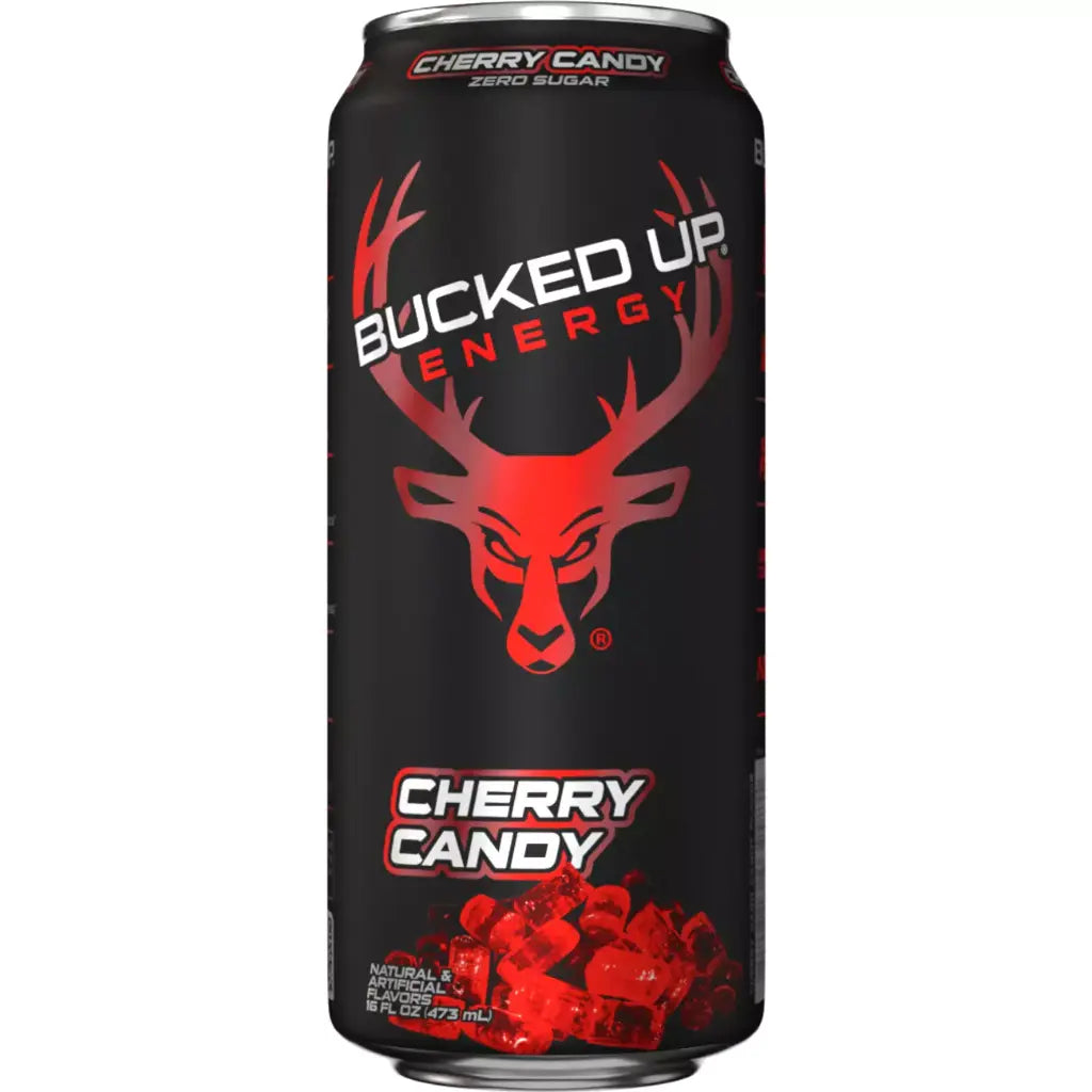 Front of Bucked Up Energy Cherry Candy can showing bold logo, cherry flavour text, and vibrant fruity design (473ml pack)