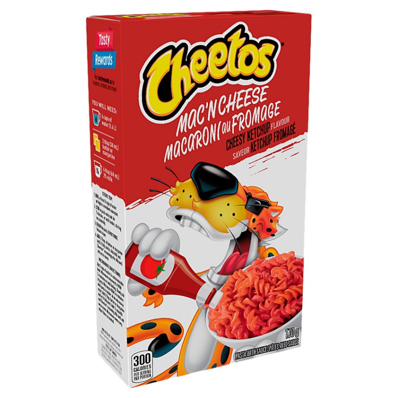 Front of Cheetos Cheesy Ketchup Mac 'n Cheese box featuring the logo, cheesy ketchup flavour label, and image of vibrant red pasta in a bowl (170g pack)