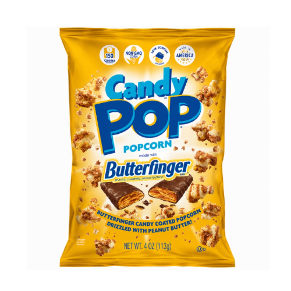 Front of a yellow bag of Candy Pop Butterfinger Popcorn showing the logo, Butterfinger pieces, and popcorn (113g pack)