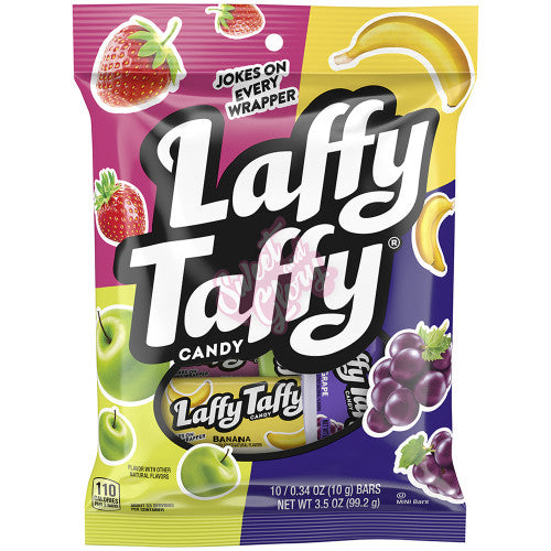 Front of Laffy Taffy Assorted Mini Taffy Bars (99g) bag showing vibrant colours, assorted fruit flavours, and the logo with candy pieces.