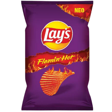Front of Lay’s Flamin' Hot bag showing vibrant purple packaging, red flame graphic, and logo with ridged potato chips (70g pack)