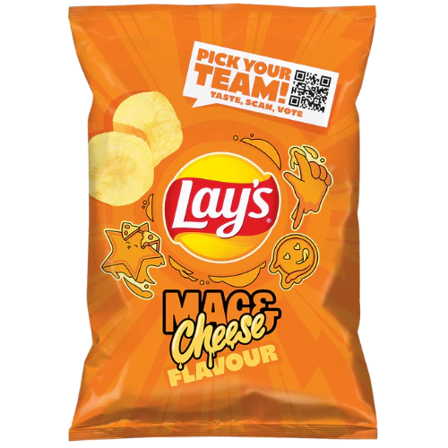Front of Lay's Mac & Cheese bag featuring a bold orange design with the Lay's logo and images of crisps (130g pack)