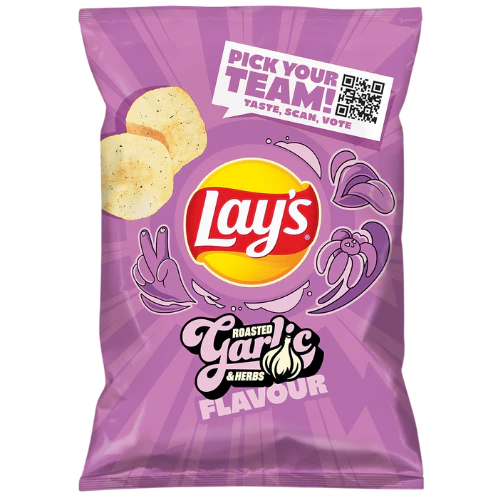 Front of Lay's Roasted Garlic & Herbs 130g bag showing the logo, flavour description, and images of crispy snacks.