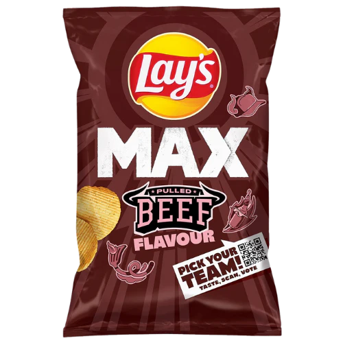 Front of Lay's Max Wavy Pulled Beef bag showing Lay's logo and bold wavy chips with a pulled beef flavour label (120g pack)