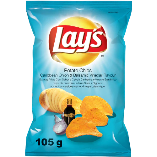 Front of Lay's Caribbean Onion & Balsamic Vinegar (105g) potato chips bag showing logo, flavour details, and crispy chips on the label.