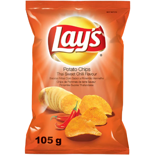 Front of Lay's Thai Sweet Chilli potato chips bag featuring the Lay's logo, vibrant orange background, and images of chillies and chips (105g pack)