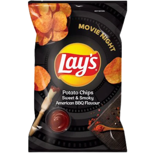Front of Lay's Sweet & Smoky American Barbecue potato chips bag showing the yellow logo, BBQ flavour label, and an image of chips and sauce (105g pack)