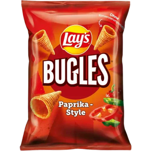 Front of Lay's Bugles bag showing logo, paprika-flavour label, and images of Bugles snacks (75g pack)