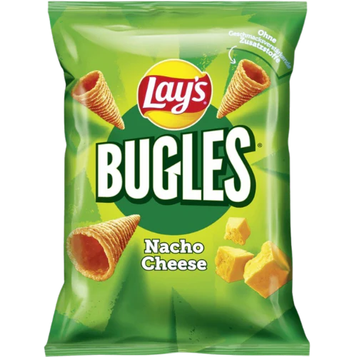 Front of Lay's Bugles Nacho Cheese bag showing vibrant green packaging, Bugles logo, and nacho cheese flavour detail (75g pack)
