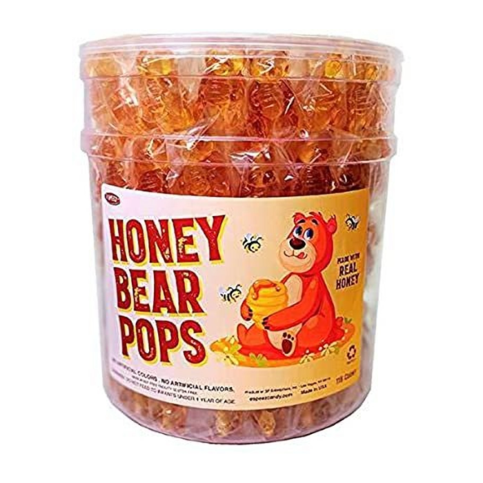 Front of Espeez Honey Bear Pops jar featuring a playful bear character, honey flavour label, and clear packaging (21g)