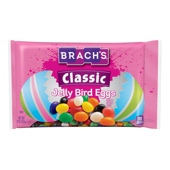 Front of Brach's Classic Jelly Bird Eggs bag showing colourful jelly beans, brand logo, and 255g pack size.
