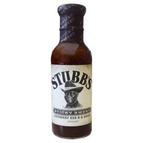 Front of Stubb's Sticky Sweet Bar-B-Q Sauce bottle featuring the brand logo, a portrait, and product details (300ml pack)