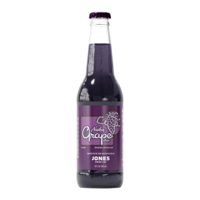 Front of Jones Soda Fallout Nuka Cola Grape bottle showing bold grape flavour label and logo (355ml)