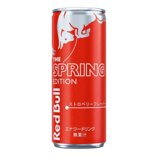Front of a Red Bull can showing red design, strawberry flavour text, and 250ml size