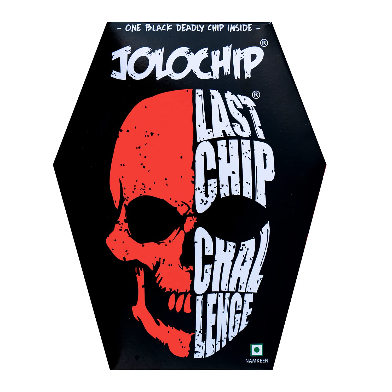 Front of Jolochip Last Chip Challenge packaging featuring a black chip and skull design with bold text, 10g pack size indicated.