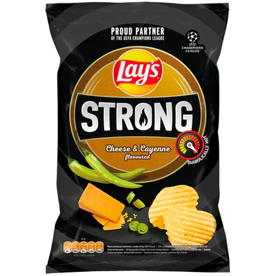 Front of Lay's Strong Cheese & Cayenne bag showing the Lay's logo, crisp potato chips, cheese, and cayenne pepper (120g pack)