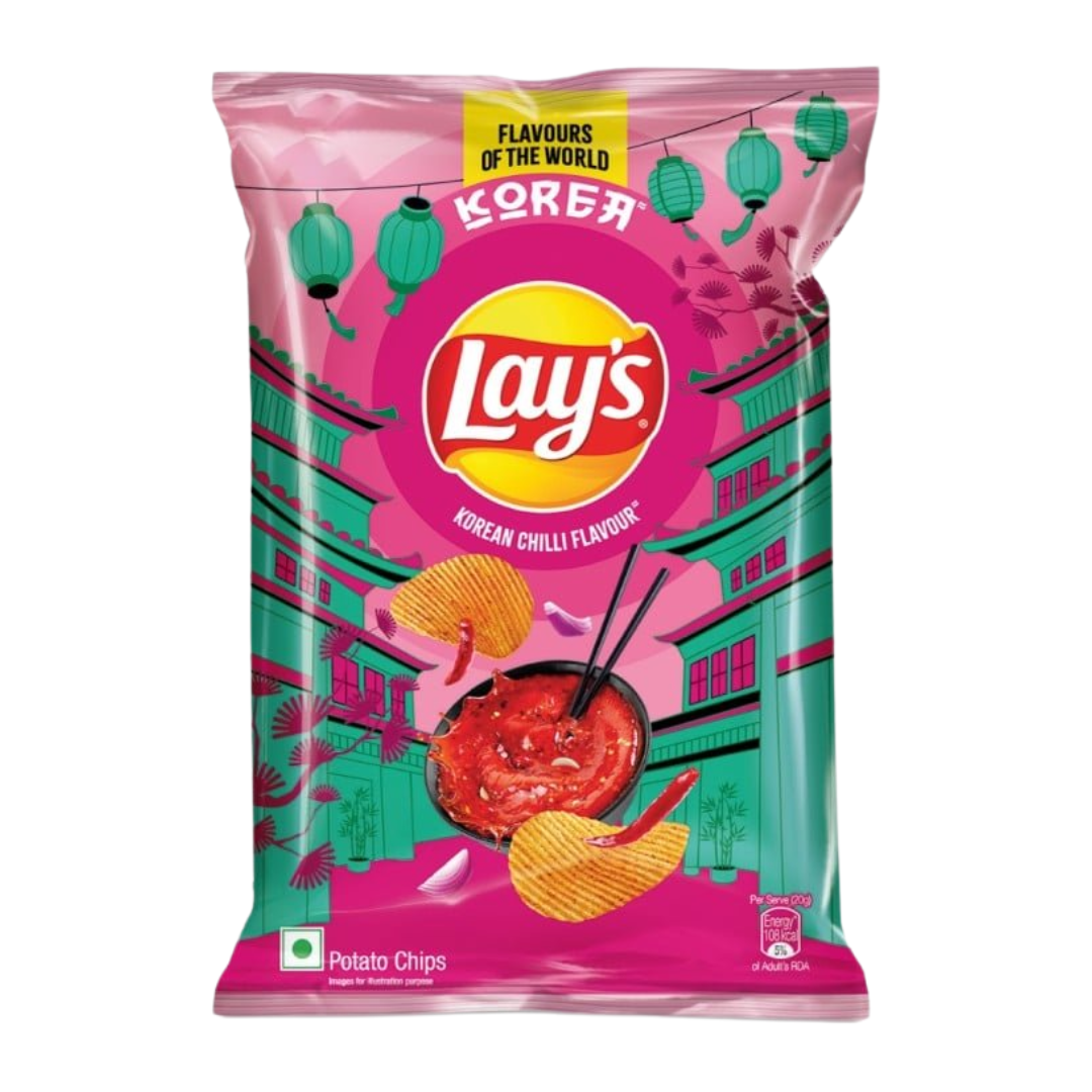 Front of Lay’s Korean Chilli potato chips bag showing vibrant pink design, Korean chilli flavour label, and pack size (48g)