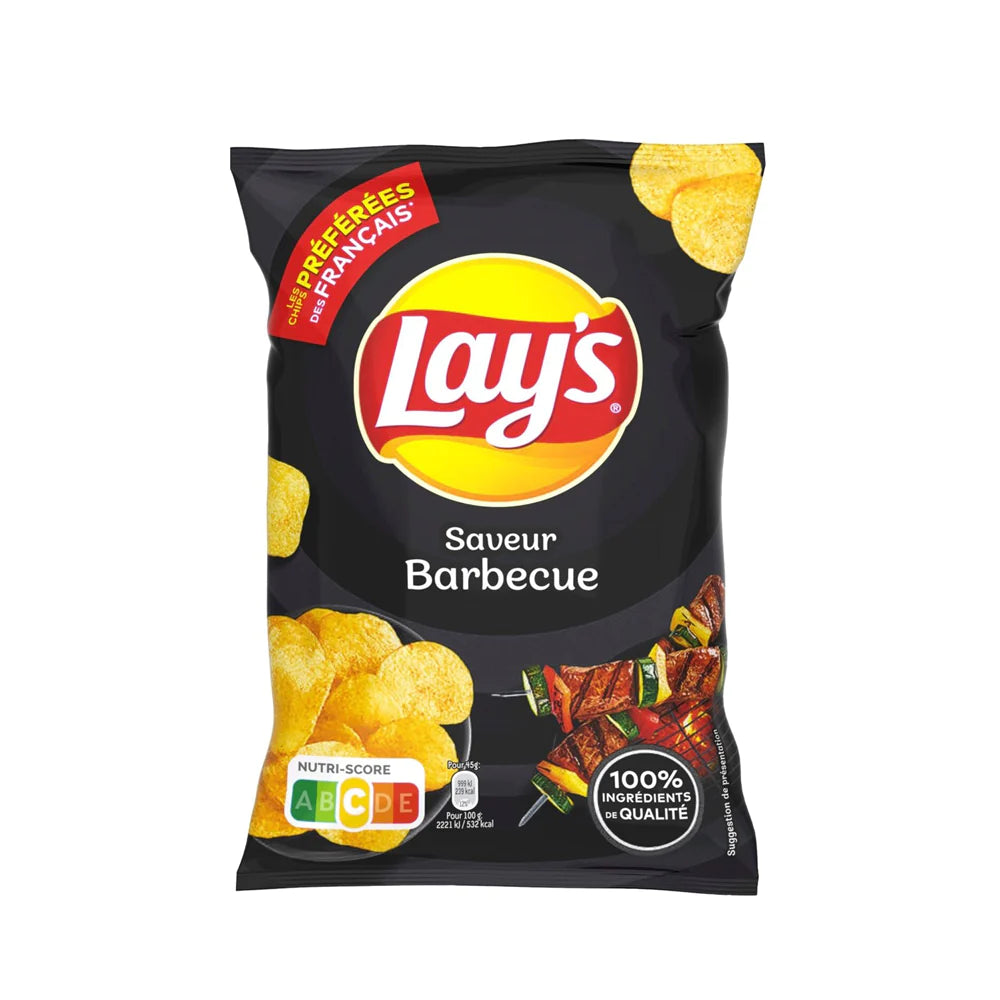 Front of Lay's Barbecue (45g) bag featuring the Lay's logo, barbecue flavour label, and images of crispy potato chips.