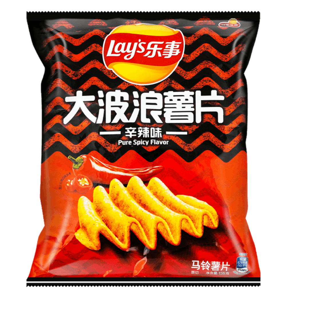 Front of Lays Deep Ridged Spicy Flavour (China) bag showcasing bold logo, spicy flavour label, and ridged chips (70g pack)