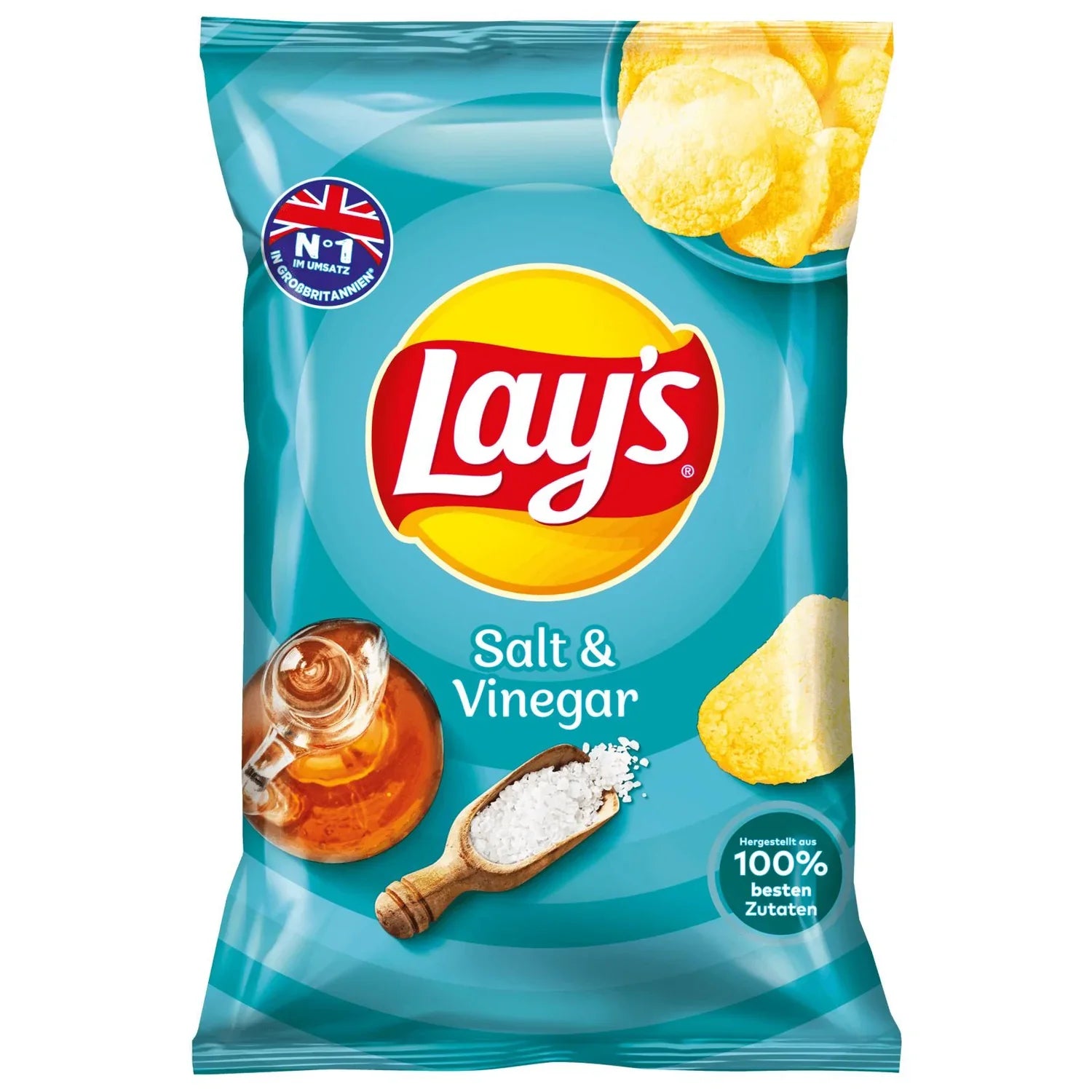 Front of Lay's Salt & Vinegar bag featuring yellow logo, crisp chips, and images of salt and vinegar (150g pack)