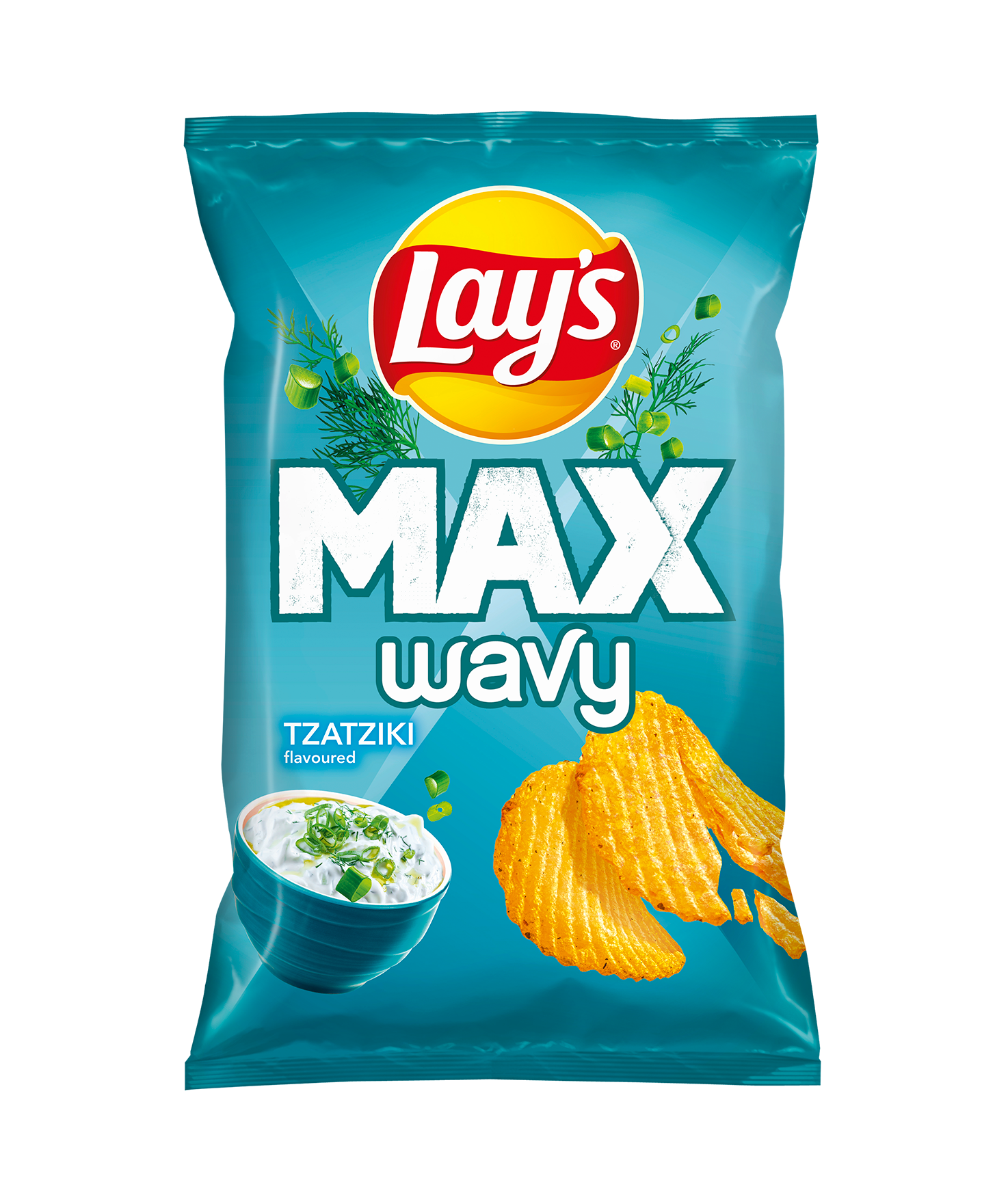 Front of Lay's Max Wavy Tzatziki bag showing the logo, wavy crisps, and tzatziki flavour label (120g pack)