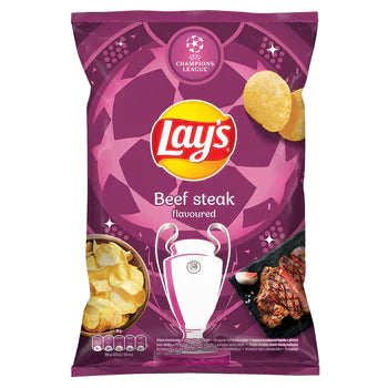 Front of Lay's Beef Steak 130g bag showing the logo, beef steak flavour label, and images of crisps and steak.