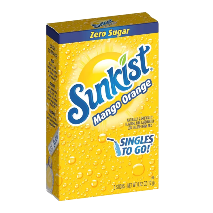 Front of Sunkist Mango Orange Singles to Go box showing colourful mango orange design, Zero Sugar label, and pack size of 12g (6 sticks)
