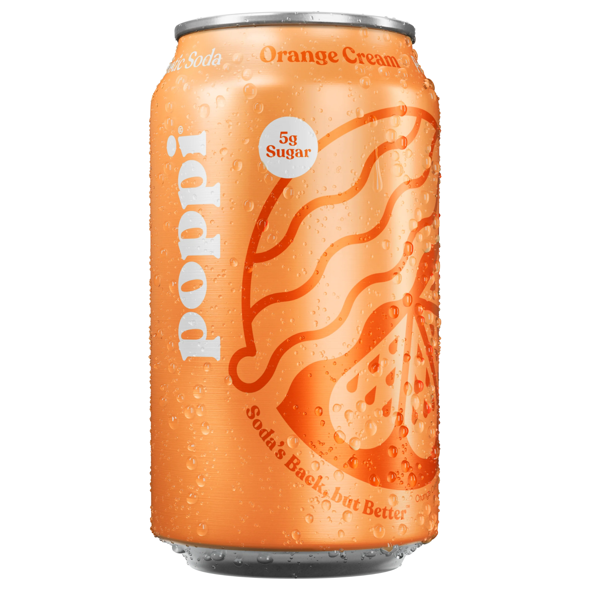 Front of Poppi Orange Cream Prebiotic Soda can featuring orange colour and logo with 5g sugar label, 355ml size