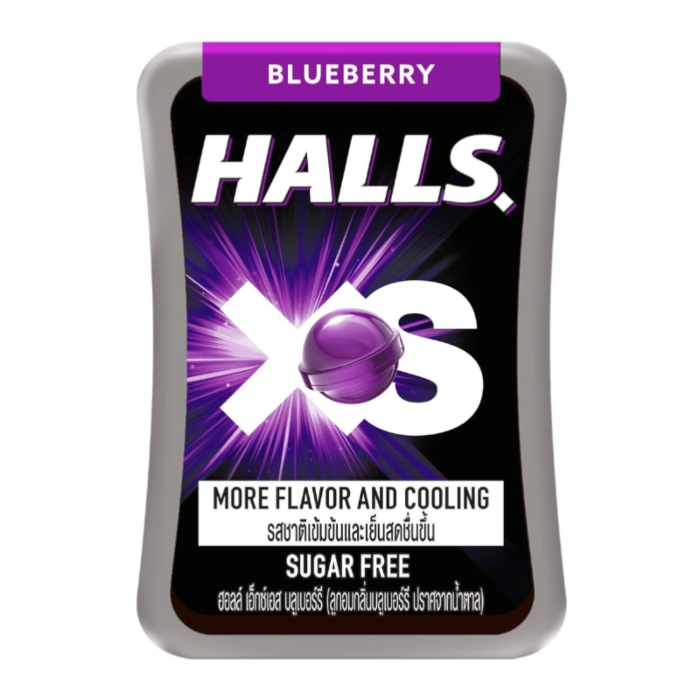 Front of HALLS XS Blueberry Hard Candy pack showing bold purple styling, blueberry flavour label, and sugar-free note (21 pack)