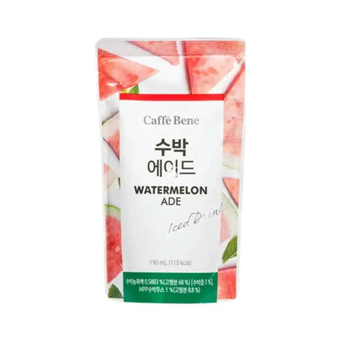 Front of Caffè Bene Watermelon Ade pouch featuring a vibrant watermelon design, product name, and 190ml label.