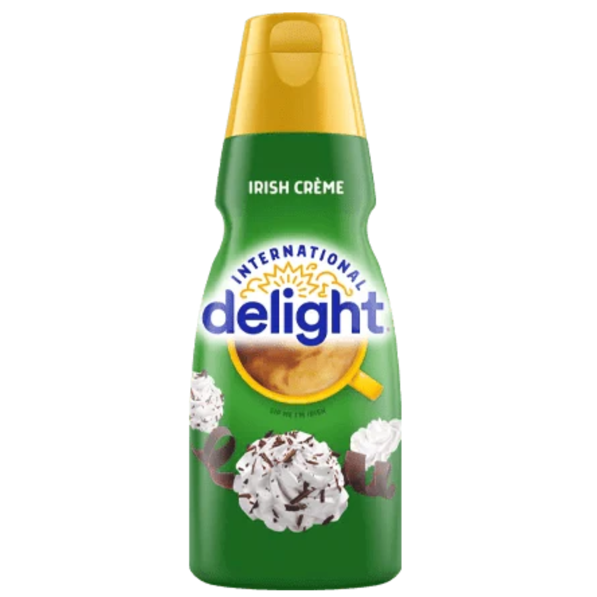 Front of International Delight Irish Crème Coffee Creamer bottle featuring green label, logo, and image of creamy coffee (946ml)