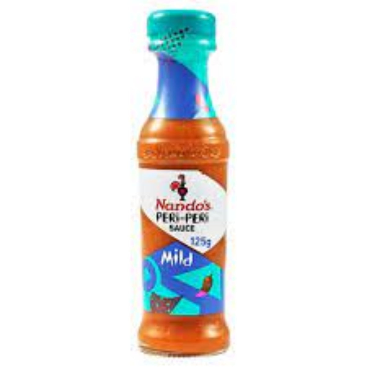 Front of Nando's Mild Sauce bottle featuring the logo, vibrant design, and visible text indicating it's a 250g mild sauce.