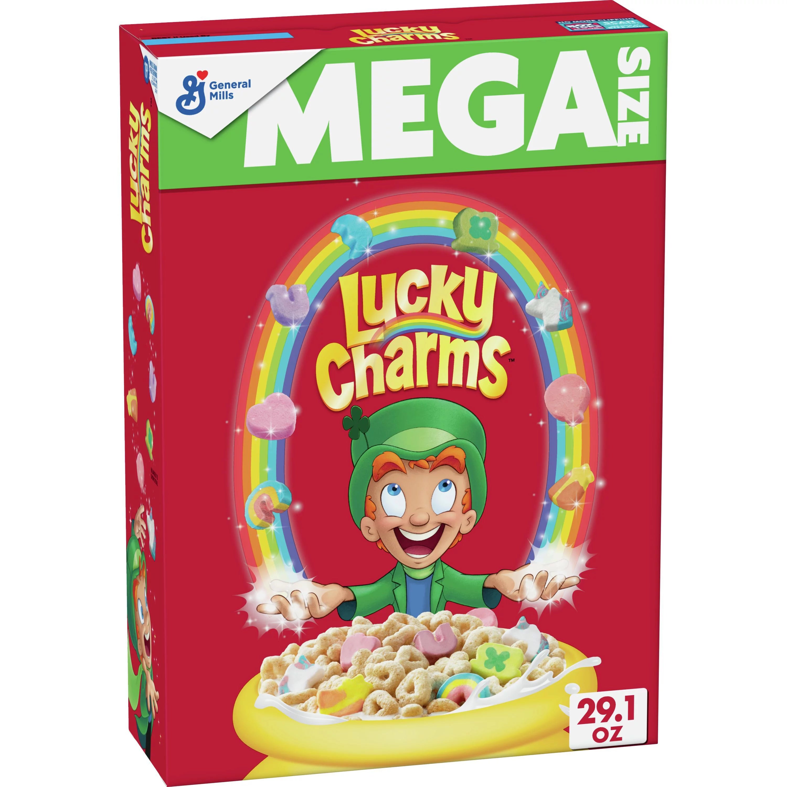 Front of Lucky Charms Cereal Mega Size box showing the logo, cereal with marshmallow charms, and 652g pack size