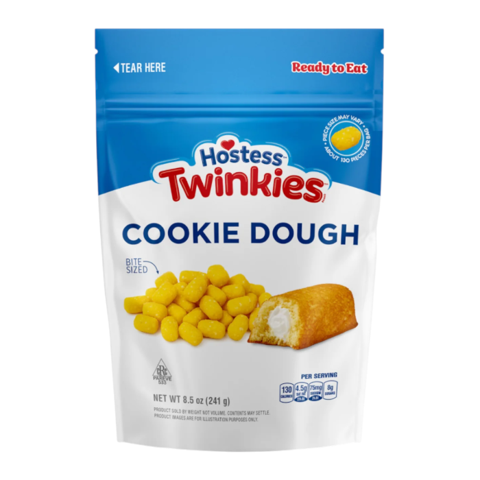 Front of Hostess Twinkies Cookie Dough bag showing the logo, bite-sized cookie dough pieces, and Twinkies image (241g pack)