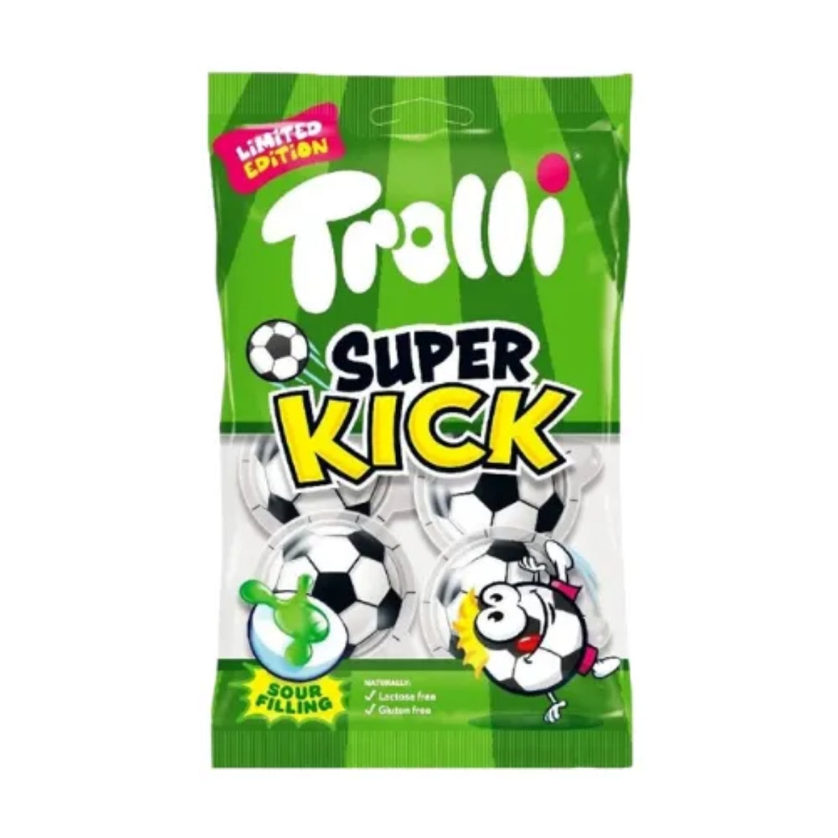 Front of Trolli Super Kick Sour Footballs bag showing logo, football-shaped sweets, and sour filling (75g pack)