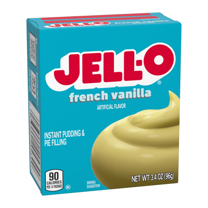Front of Jell-O French Vanilla Pudding Instant Mix box showing the logo, flavour and texture image (96g pack)