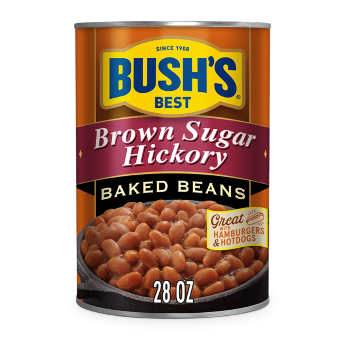Front of a can of Bush's Best Brown Sugar Hickory Baked Beans showing yellow logo, brown sugar hickory flavour label, and serving suggestion with beans (794g)