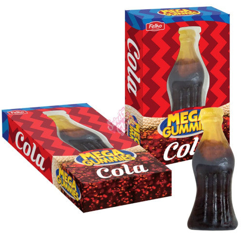 Front of Mega Gummies Cola box displaying vibrant red and yellow packaging with the product title and cola-flavoured gummy image (600g).