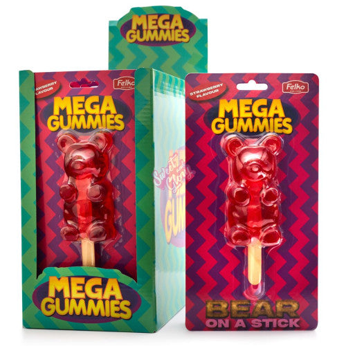 Front of Mega Gummies Bear on a Stick package showing vibrant packaging, strawberry flavour gummy bear, and 120g size information.