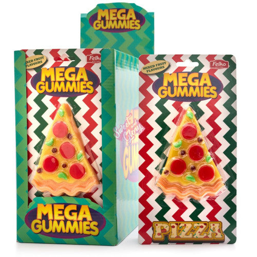 Front of Mega Gummies Pizza packaging featuring vibrant colours, pizza slice shape, and brand name, 120g pack