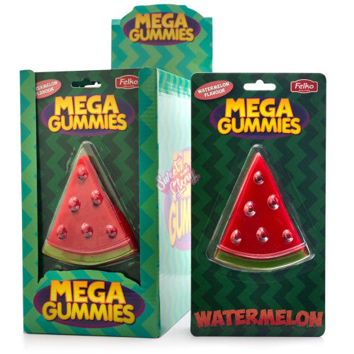 Front of Mega Gummies Watermelon Slice packaging showing bright watermelon flavour label and fun slice shape design (120g pack)