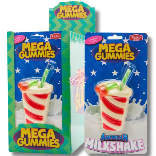 Front of Mega Gummies American Milkshake packaging featuring the bright logo, milkshake design, and vibrant colours (120g pack)