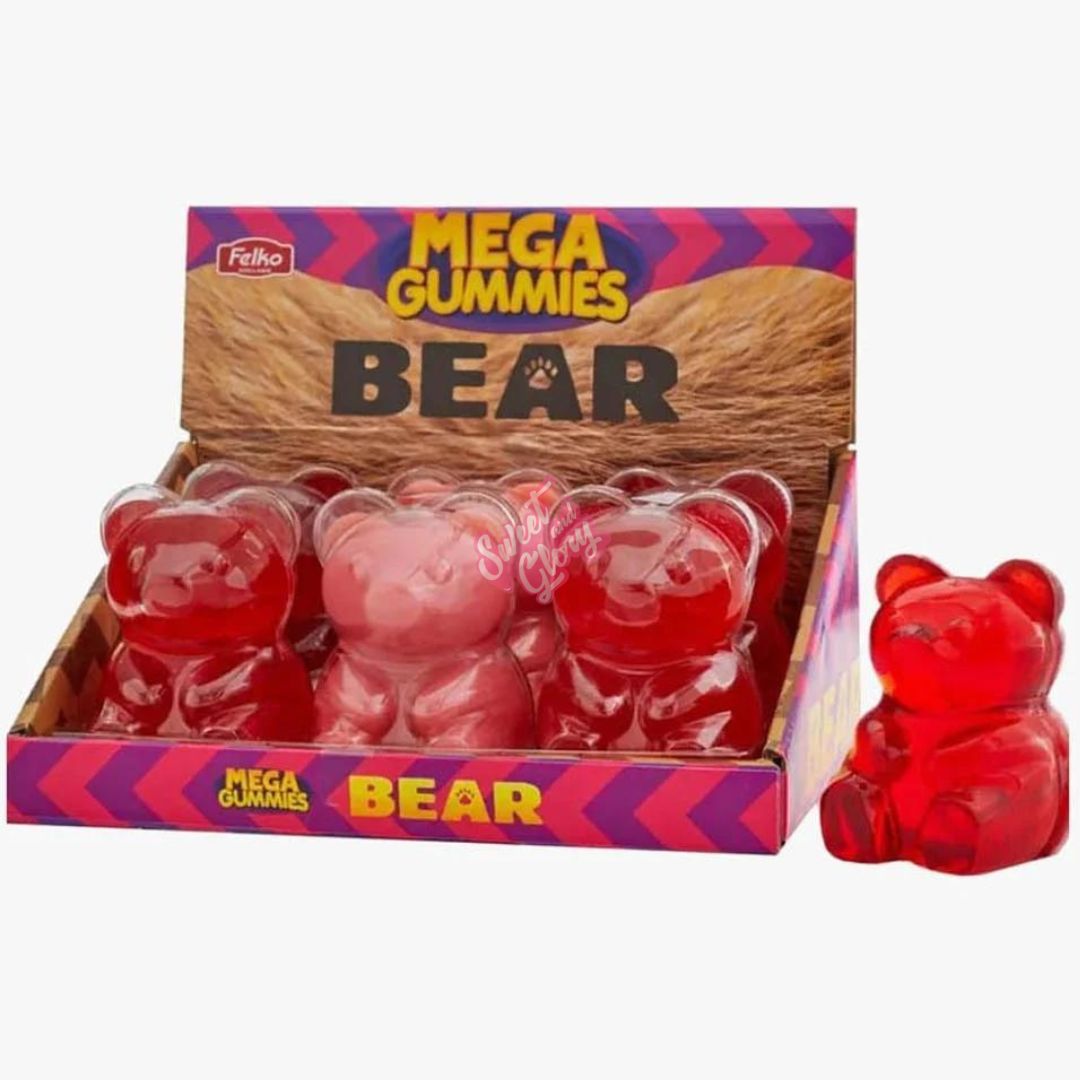 Front of Mega Gummies Jelly Bear packaging featuring vibrant logo and multiple gummy bear shapes in assorted colours (350g pack)