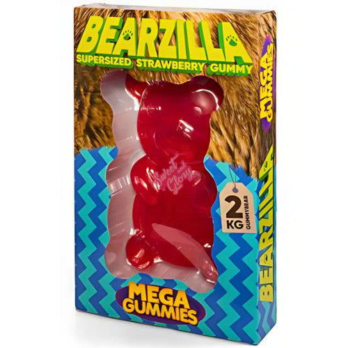 Front of Mega Gummies Bearzilla packaging showing a large red gummy bear, strawberry flavour label, and 2kg pack size.
