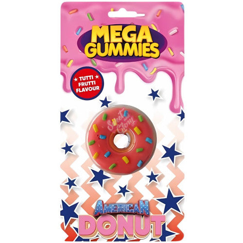Front of Mega Gummies American Donut packaging showing vibrant donut-shaped gummies with tutti frutti flavour label and a 120g pack size.