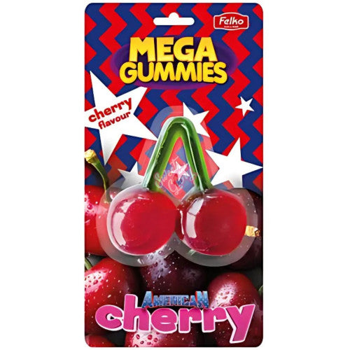 Front of Mega Gummies American Cherry pack featuring bright design, cherry-shaped gummies, and red and blue star background (120g pack)